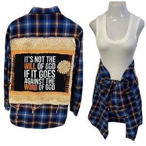 Christian Religious Flannel Shirt Womens XL Shacket Upcycled Art Cottage Blue
